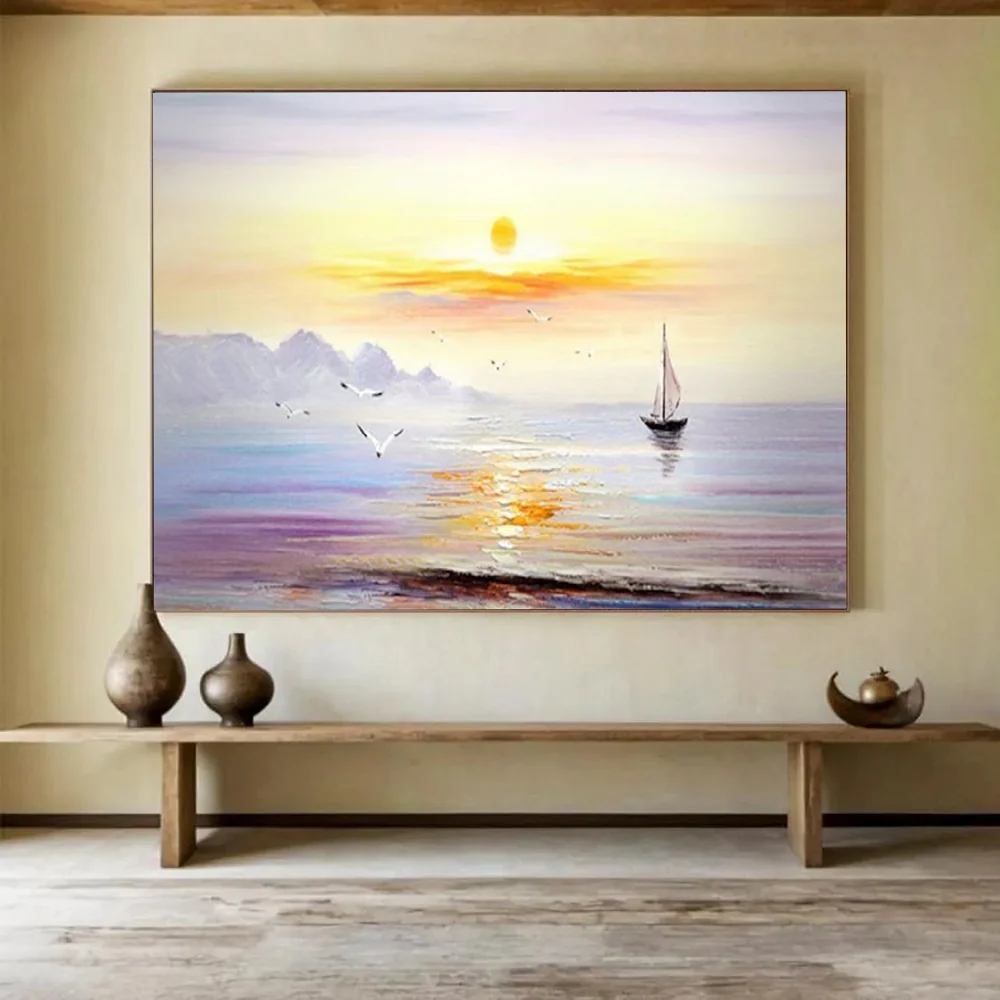 Evening Handmade Water Coastal Sky Abstract Wall Art 6KY51
